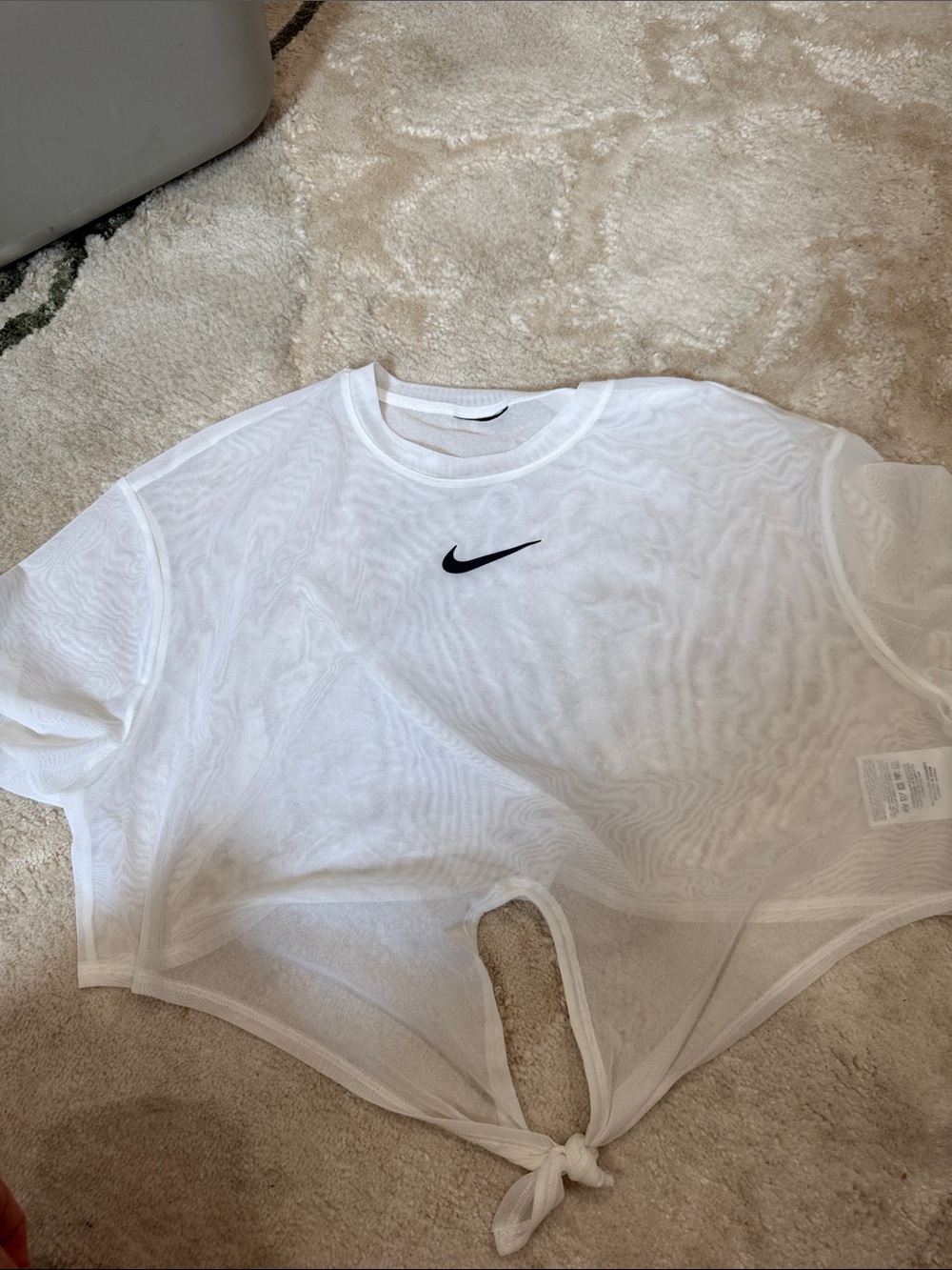 Nike White Sheer Cropped Tee with Black Swoosh
